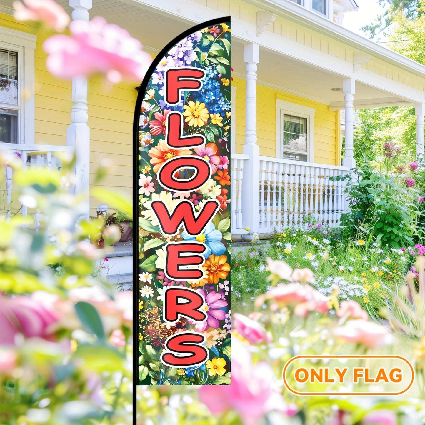1pc flowers feather flag, flowers shop sign, flowers banner decoration flag, for outdoor advertising promotion, polyester fabric, double/single-sided printing, only flag, not including flagpole