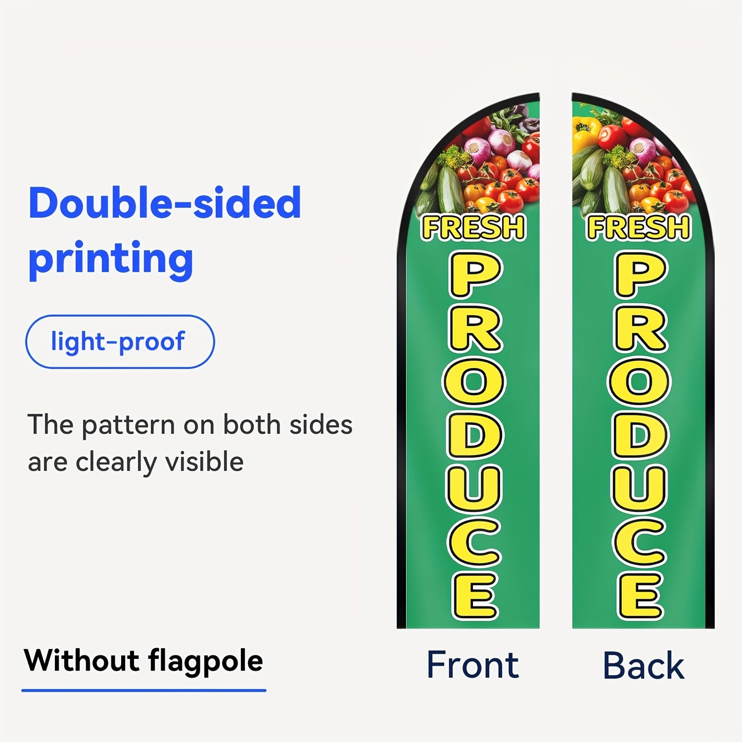 1pc Fresh Produce Feather Flag, Outdoor Flags, Store Signboard Banner, Suitable for Commercial Advertising Promotions, 48.77x201.17cm, Polyester Fabric, Double or Single sided Printing, Anti fading, Weather resistant. Flag only (excluding flagpole)
