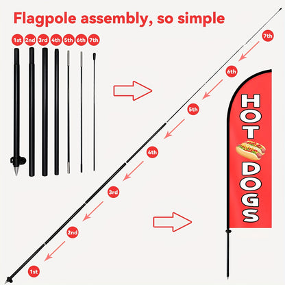 1pc HOT DOGS Feather Flag with Flagpole, Outdoor Advertising Flag, 184.91x50.04 cm Sign for Food Truck, Concession Stand, Snack Bar, Street Food Booth, Ground Spike Base, Eye-catching Vertical Banner, Polyester Material, Vivid Printing