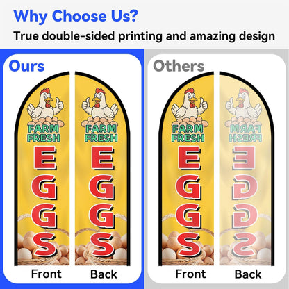 Farm Fresh Eggs Feather Flag with Pole Kit, Double-Sided Outdoor Swooper Banner, Durable Polyester, 8FT Windless Advertising Sign for Farmers Market, Roadside Stand, Poultry Farm, Flag(Double-sided) and Flagpoles