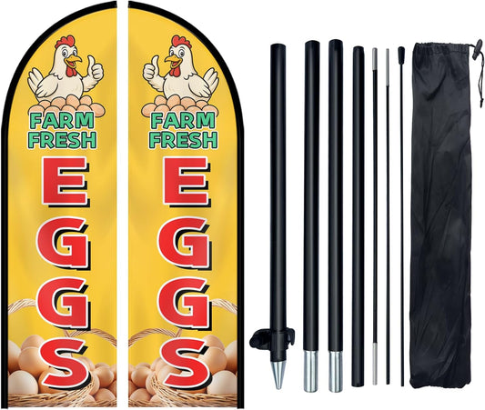 Farm Fresh Eggs Feather Flag with Pole Kit, Double-Sided Outdoor Swooper Banner, Durable Polyester, 8FT Windless Advertising Sign for Farmers Market, Roadside Stand, Poultry Farm, Flag(Double-sided) and Flagpoles
