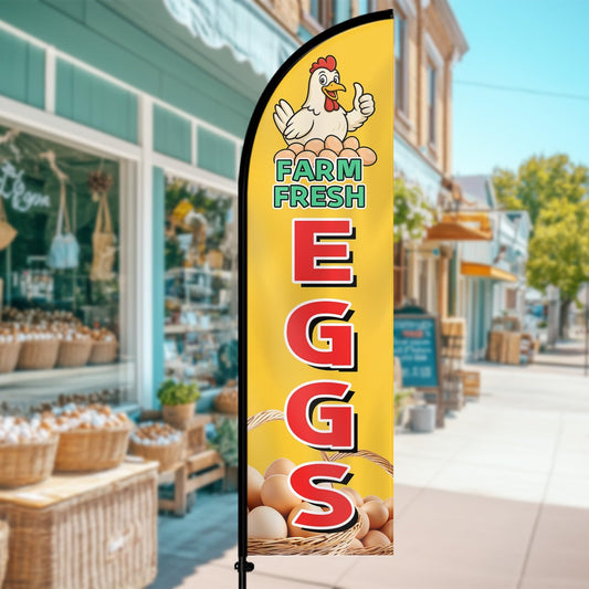 Farm Fresh Eggs Feather Flag with Pole Kit, Double-Sided Outdoor Swooper Banner, Durable Polyester, 8FT Windless Advertising Sign for Farmers Market, Roadside Stand, Poultry Farm, Flag(Double-sided) and Flagpoles