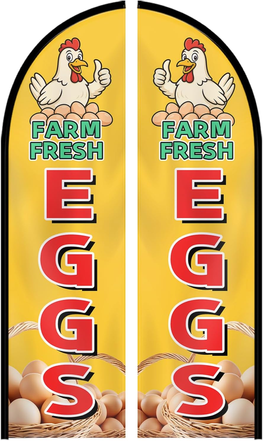 Farm Fresh Eggs Feather Flag with Pole Kit, Double-Sided Outdoor Swooper Banner, Durable Polyester, 8FT Windless Advertising Sign for Farmers Market, Roadside Stand, Poultry Farm, Flag(Double-sided) and Flagpoles