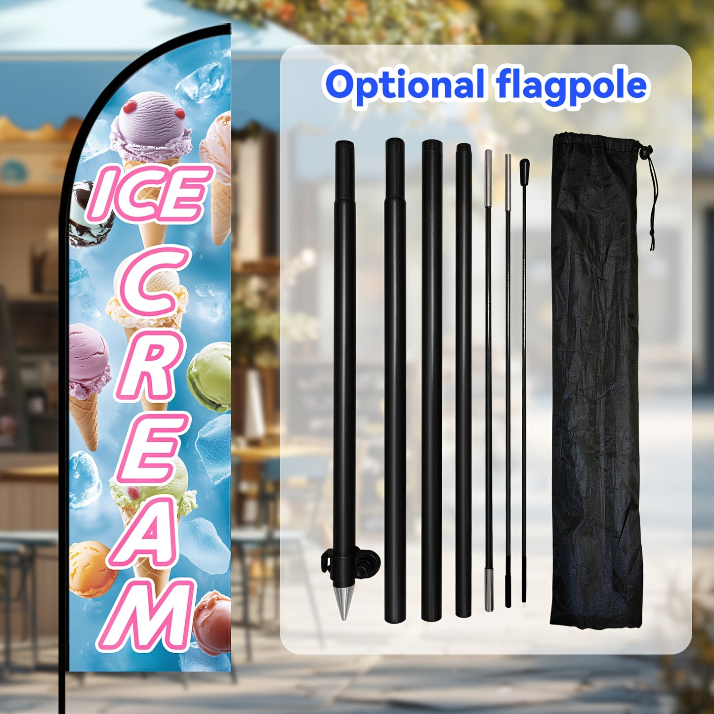 Ice Cream Feather Flag With Pole Kit | Double-Sided Print Outdoor Swooper Banner, 1.6x6.6Ft, Polyester, Pole Mount, Food Shop Advertising Sign, Dessert Store Promotion Flag by WOANIXY
