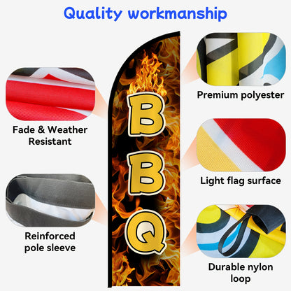 1pc Large Tall BBQ Feather Flag with Flagpole & Optional Aluminum Pole Kit - Heavy-Duty 72.8"x19.7" (50x185cm) Barbecue Banner, Durable Polyester Outdoor/Indoor Advertising Sign for Restaurants, Trucks, Grill Events, Catering - Easy Setup