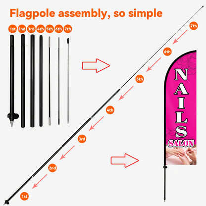 1pc Nail Salon Feather Flag with Optional Aluminum Pole Kit - 50x185cm/72, 8x19, 7in Durable Polyester Open Banner for Shop Front, Eye-Catching Beauty Sign, Nail Salon Decor, Nail Salon Signage, Nail Salon Sign