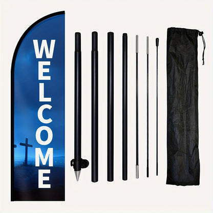 1pc Church Welcome Feather Flag with Pole Kit, Welcome Sign for Church, Outdoor Welcome Flag, Banner for Church Entrance & Events, Aluminum/Fiberglass Flagpole, Durable 110g/㎡ Warp Knitted Polyester