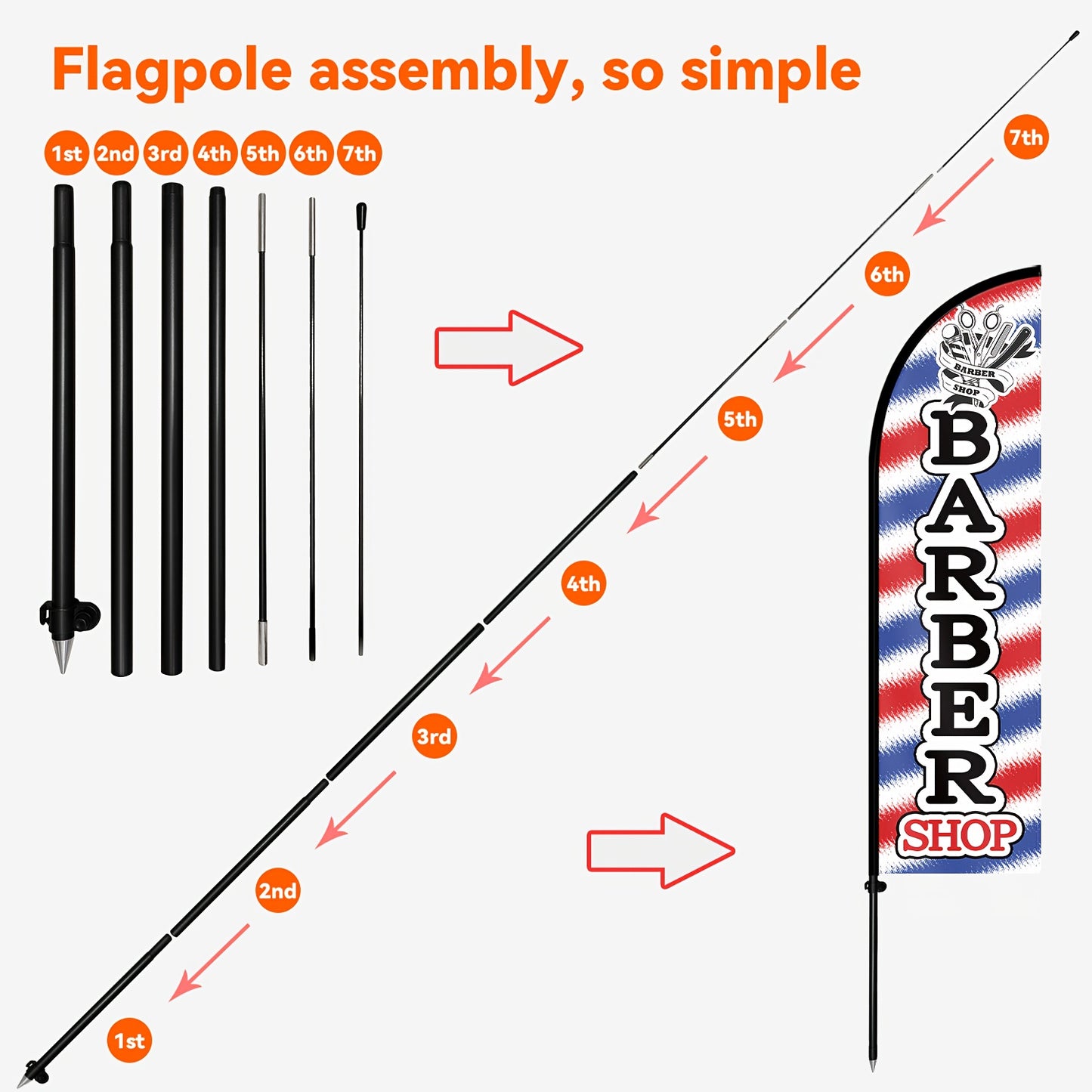 1pc Tall Barber Feather Flag with Flagpole & Optional Aluminum Pole - Heavy-Duty Outdoor/ Haircut Banner Sign, Feather-Shaped Barbershop Signage for Salon Front, Durable Polyester (50x185cm/72.8x19.7in) - Setup)