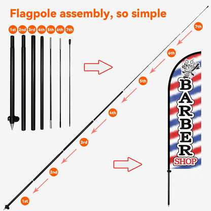 1pc Tall Barber Feather Flag with Flagpole & Optional Aluminum Pole - Heavy-Duty Outdoor/ Haircut Banner Sign, Feather-Shaped Barbershop Signage for Salon Front, Durable Polyester (50x185cm/72.8x19.7in) - Setup)