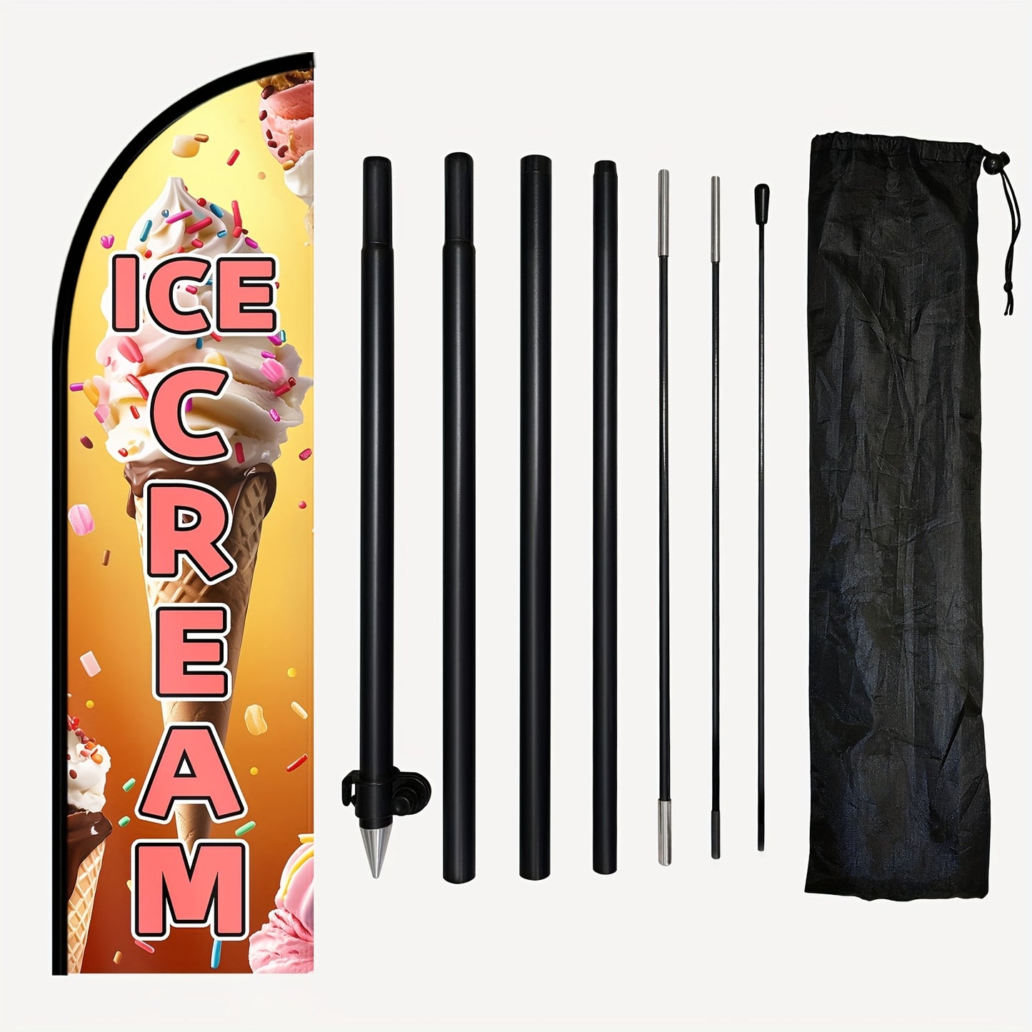 One Ice Cream Feather Flag Complete with a Flagpole, Ideal for Dessert Shops. This Outdoor Sign for Frozen Treats Can Be Used for Ice Cream Truck Displays And Promotions. It Measures 72.8 by 50.04 cm And Is Available with an Optional Pole Kit