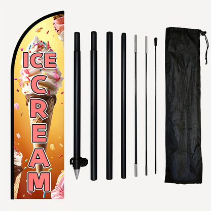 One Ice Cream Feather Flag Complete with a Flagpole, Ideal for Dessert Shops. This Outdoor Sign for Frozen Treats Can Be Used for Ice Cream Truck Displays And Promotions. It Measures 72.8 by 50.04 cm And Is Available with an Optional Pole Kit