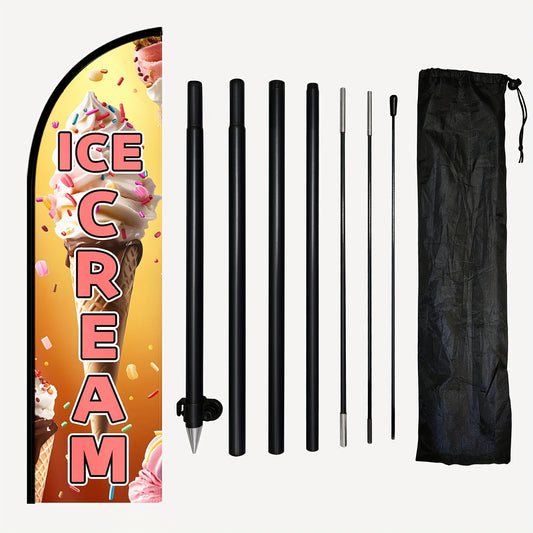 One Ice Cream Feather Flag Complete with a Flagpole, Ideal for Dessert Shops. This Outdoor Sign for Frozen Treats Can Be Used for Ice Cream Truck Displays And Promotions. It Measures 72.8 by 50.04 cm And Is Available with an Optional Pole Kit