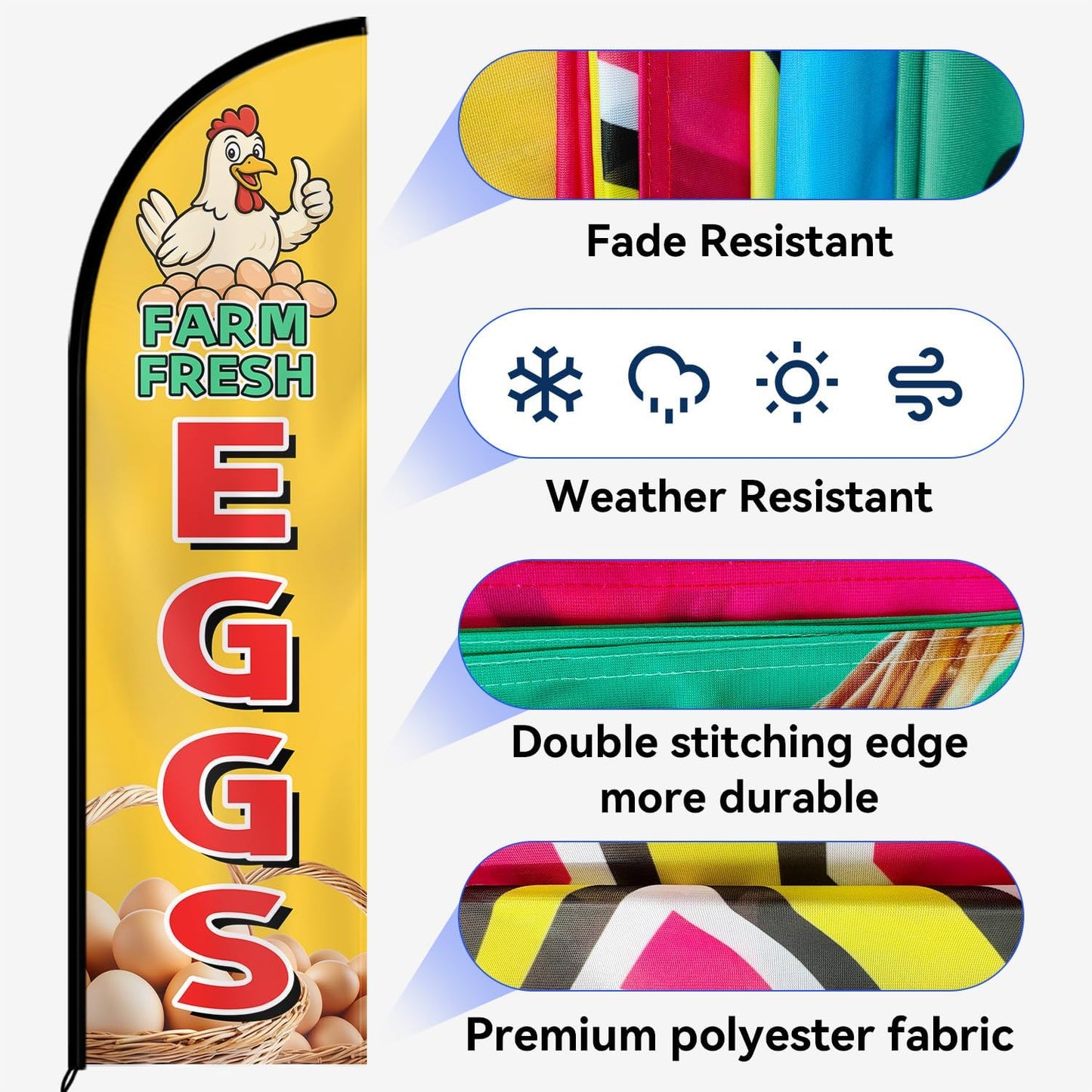 Farm Fresh Eggs Feather Flag with Pole Kit, Double-Sided Outdoor Swooper Banner, Durable Polyester, 8FT Windless Advertising Sign for Farmers Market, Roadside Stand, Poultry Farm, Flag(Double-sided) and Flagpoles