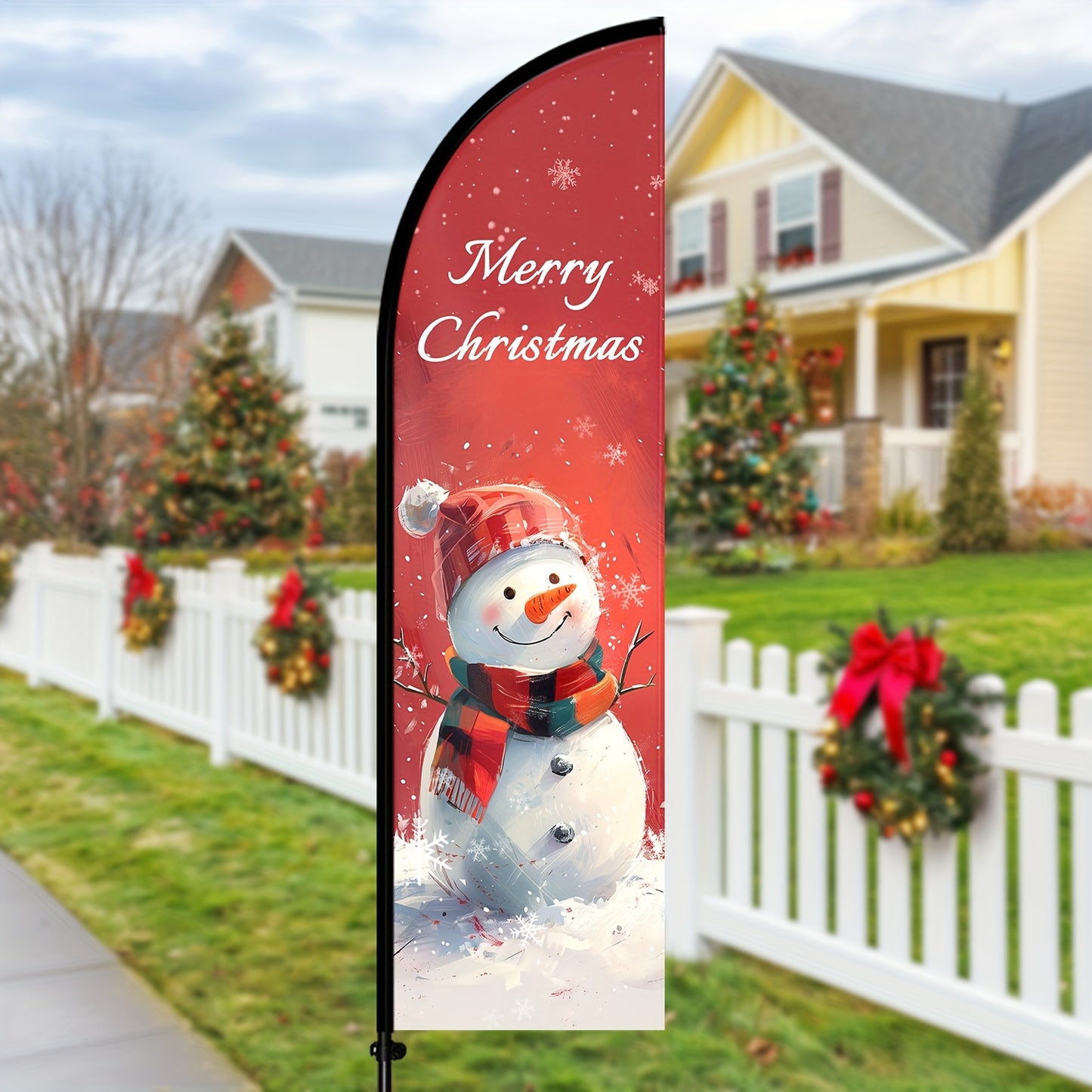 Merry Christmas Feather Flag with Pole, Outdoor Christmas Advertising Vertical Flag, Santa Claus Welcome Flag, Christmas Tree Snowflake Ornament Decorative Flag, Shop Holiday Promotion Display Flag, Christmas Party Event Welcome Banner, Outdoor