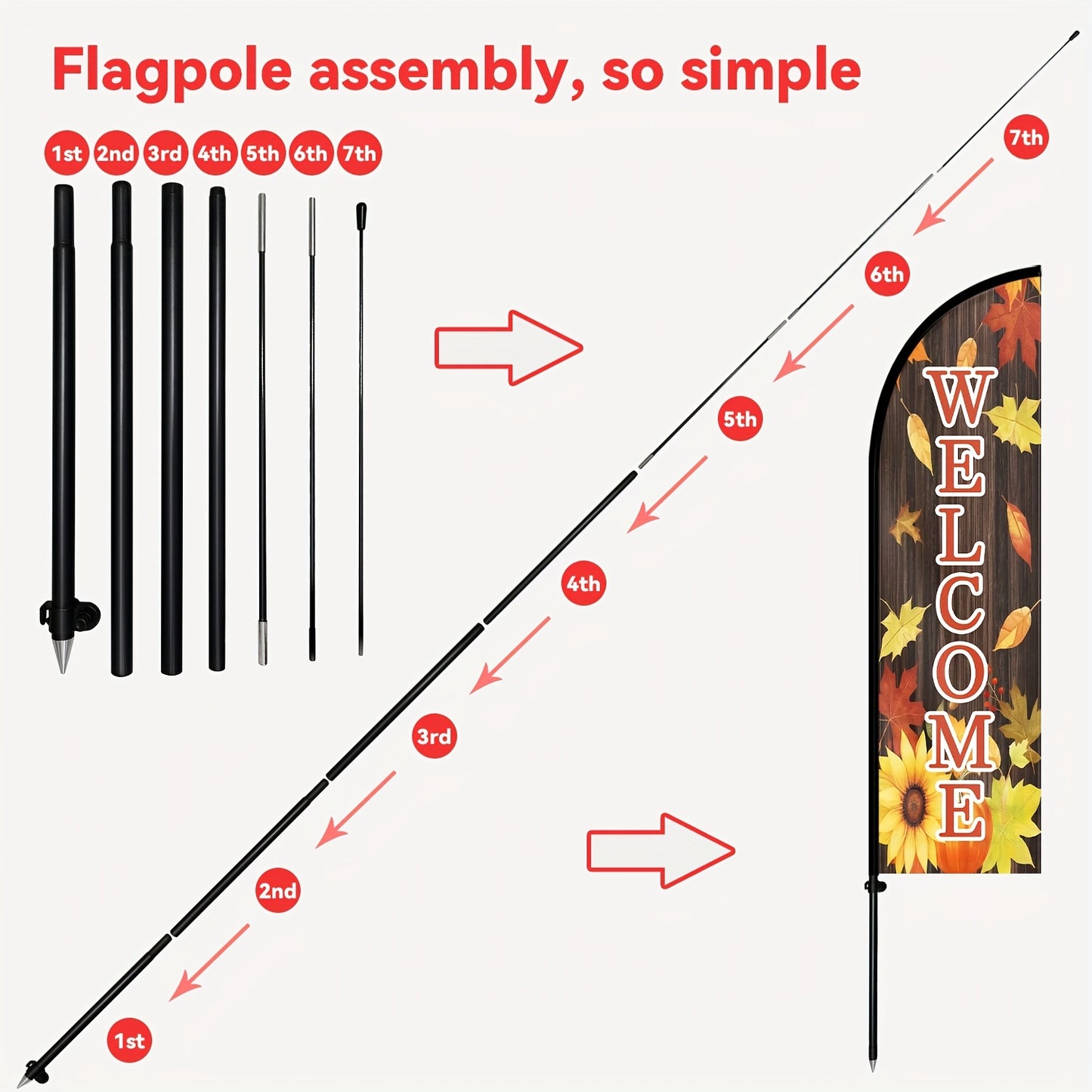 1pc Fall welcome feather flag with flagpole, Halloween flag, Autumn Wind Flag for Outside Maple Leaf Pumpkin Sunflower Swooper Banner Sign for Garden Outdoor, optional aluminum flagpole, flag size 50x185cm/72.8*19.7 inches, polyester fabric