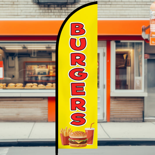 1pc Burgers Feather Flag with Flagpole, Advertising Banner for Burger Shop, Fast Food Signage, 72.8x19.7in, Optional Aluminum Pole, Burger Flag for Restaurant Business, Durable Polyester Fabric, Restaurant Marketing, Business Branding, Vibrant Design, Pro