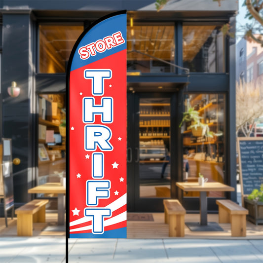 1pc Vintage Thrift Store Flag Banner - Red, White & Blue Polyester Fabric with "THRIFT" Text, Pole Mount for Indoor/Outdoor Use, Perfect for Storefronts & Home Decor, Thrift Store
