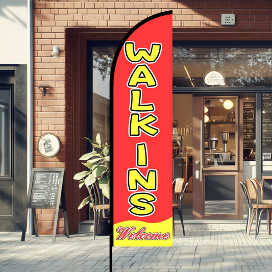 1pc Walk-Ins Welcome Sign - Double-Sided/Single-Sided Portable Feather Flag with Pole Installation for Outdoor Advertising, Store Promotion & Opening Banners - Eye-Catching Business Signage (Flag Only - Pole Not Included) 1pc-PNYE