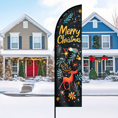 Christmas Feather Flag - Outdoor Holiday Decorative Banner with "Merry Christmas" and Festive Illustrations, Polyester Fabric, Multipurpose Use, No Electricity Required, 1pc (Flagpole Not Included)
