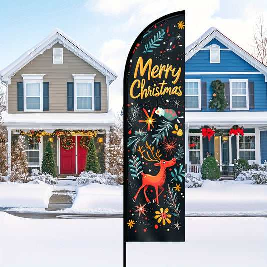Christmas Feather Flag - Outdoor Holiday Decorative Banner with "Merry Christmas" and Festive Illustrations, Polyester Fabric, Multipurpose Use, No Electricity Required, 1pc (Flagpole Not Included)