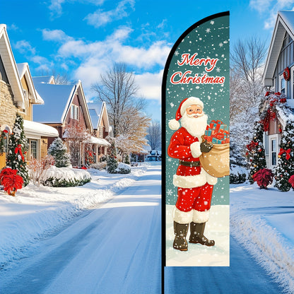 1pc Merry Christmas Feather Flag with Flagpole, Cute Snowman Illustration Style, 50x200cm Outdoor Holiday Banner, Aluminum Alloy Pole Optional, Weather Resistant Polyester, Floral Pattern High Definition Print, Durable Fabric
