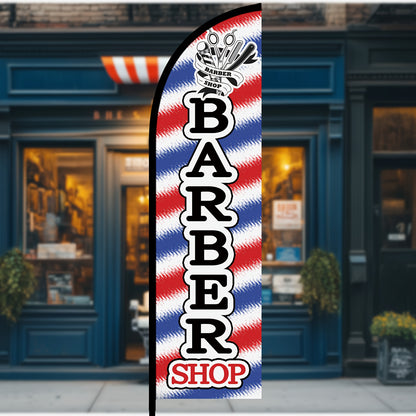 1pc Tall Barber Feather Flag with Flagpole & Optional Aluminum Pole - Heavy-Duty Outdoor/ Haircut Banner Sign, Feather-Shaped Barbershop Signage for Salon Front, Durable Polyester (50x185cm/72.8x19.7in) - Setup)