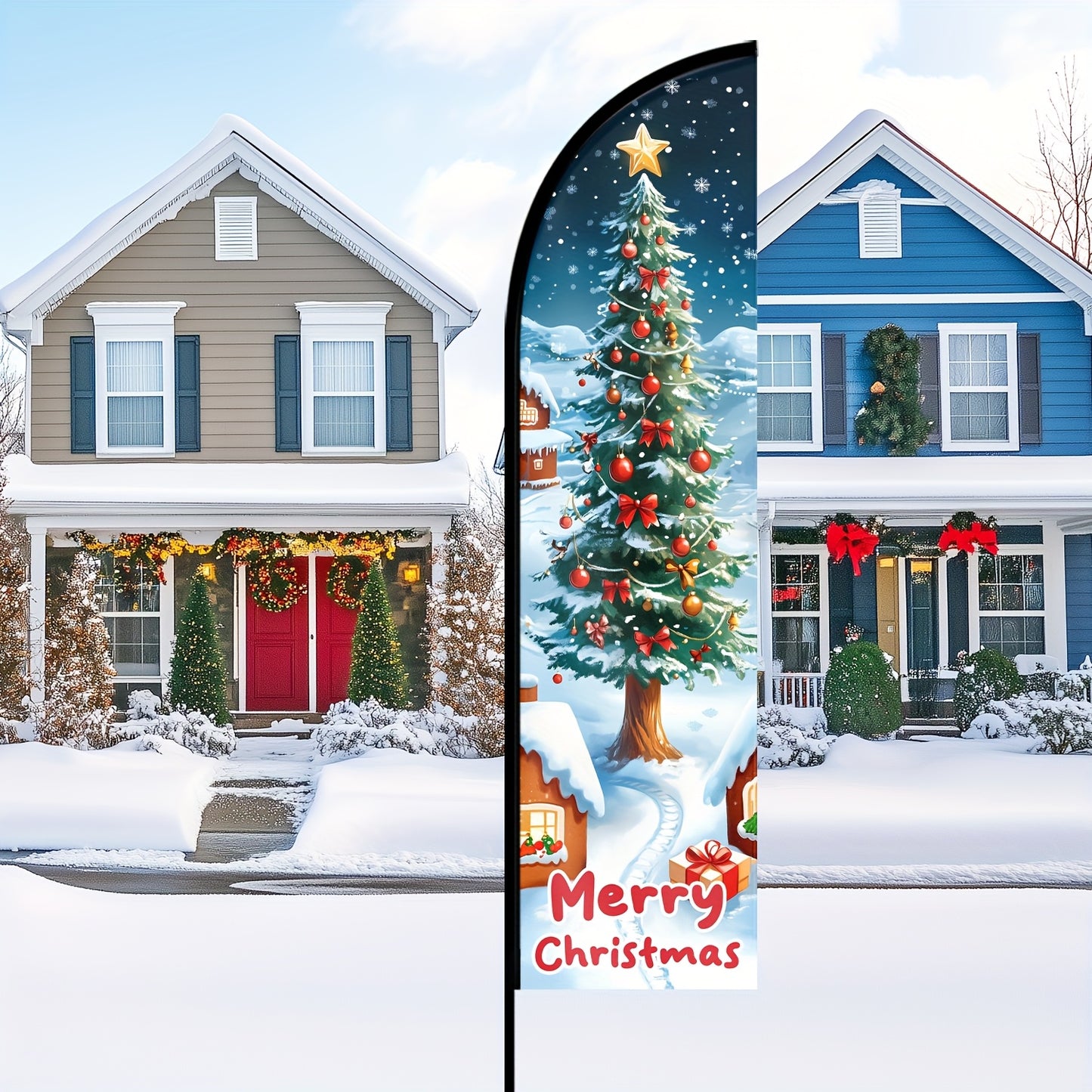 1pc Festive Christmas Feather Flag - Durable Polyester Outdoor Holiday Decoration, Multipurpose Merry Christmas Tree Design, No Electricity Needed, Flag Only (Pole Not Included)