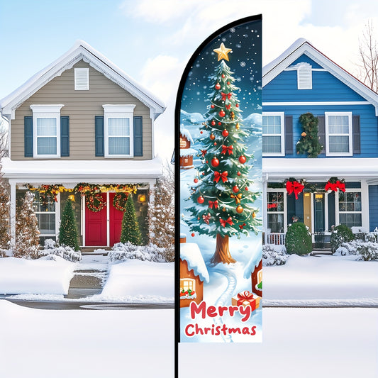 1pc Festive Christmas Feather Flag - Durable Polyester Outdoor Holiday Decoration, Multipurpose Merry Christmas Tree Design, No Electricity Needed, Flag Only (Pole Not Included)