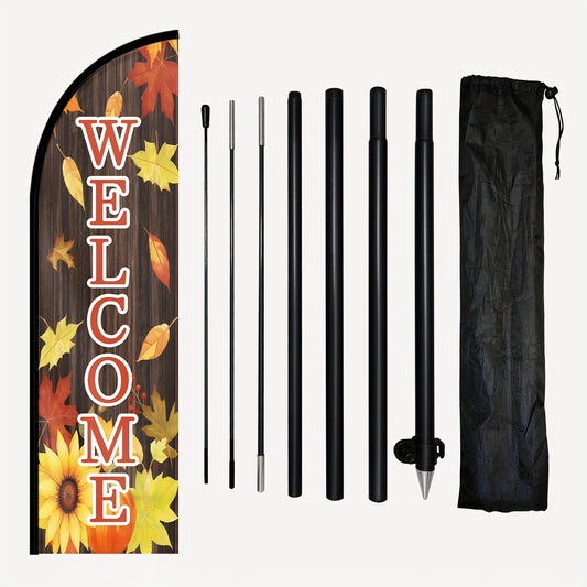 1pc Fall welcome feather flag with flagpole, Halloween flag, Autumn Wind Flag for Outside Maple Leaf Pumpkin Sunflower Swooper Banner Sign for Garden Outdoor, optional aluminum flagpole, flag size 50x185cm/72.8*19.7 inches, polyester fabric
