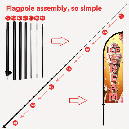 One Ice Cream Feather Flag Complete with a Flagpole, Ideal for Dessert Shops. This Outdoor Sign for Frozen Treats Can Be Used for Ice Cream Truck Displays And Promotions. It Measures 72.8 by 50.04 cm And Is Available with an Optional Pole Kit