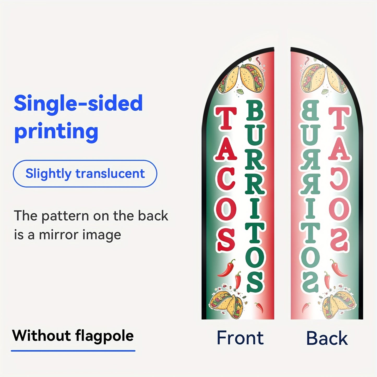 Tacos Burritos Feather Flag with Pole Kit | Bold Double-Sided Print, 1.6x6.6Ft Outdoor Advertising Swooper Banner, Restaurant Food Sign, Mexican Street Food Promo Flag, Polyester Fiber, Pole Mount, Brand: WOANIXY