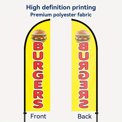 1pc Burgers Feather Flag with Pole, Burger Advertising Banner, Outdoor Fast Food Flag Kit, Street Food Signage, Burger Truck Promotion Flag, Restaurant Display Flag, 50x185cm/72.8*19.7inches, Eye-Catching Storefront Feather Flag, Polyester Material