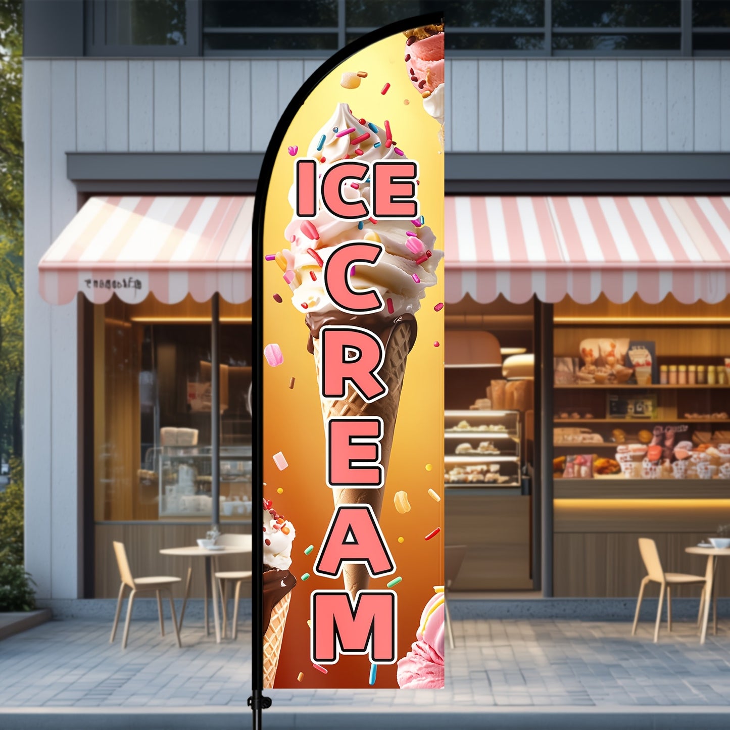 One Ice Cream Feather Flag Complete with a Flagpole, Ideal for Dessert Shops. This Outdoor Sign for Frozen Treats Can Be Used for Ice Cream Truck Displays And Promotions. It Measures 72.8 by 50.04 cm And Is Available with an Optional Pole Kit