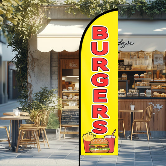 2D Door Banner A Hamburger Outdoor Banner, Advertising Flag, Shop Sign Banner Suitable for Commercial Advertising Promotions, Measuring 48.77X201.17cm, Made of Polyester Fabric, Fade-Resistant And Weatherproof. Flag Only (Pole Not Included)
