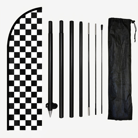 1pc Black And White Check Feather Flag With Flagpole, Checkered Racing Banner, Outdoor Business Advertising Flag, Racing Event Signage, 72.8x19.7in, Optional Aluminum Pole, Durable Polyester Fabric