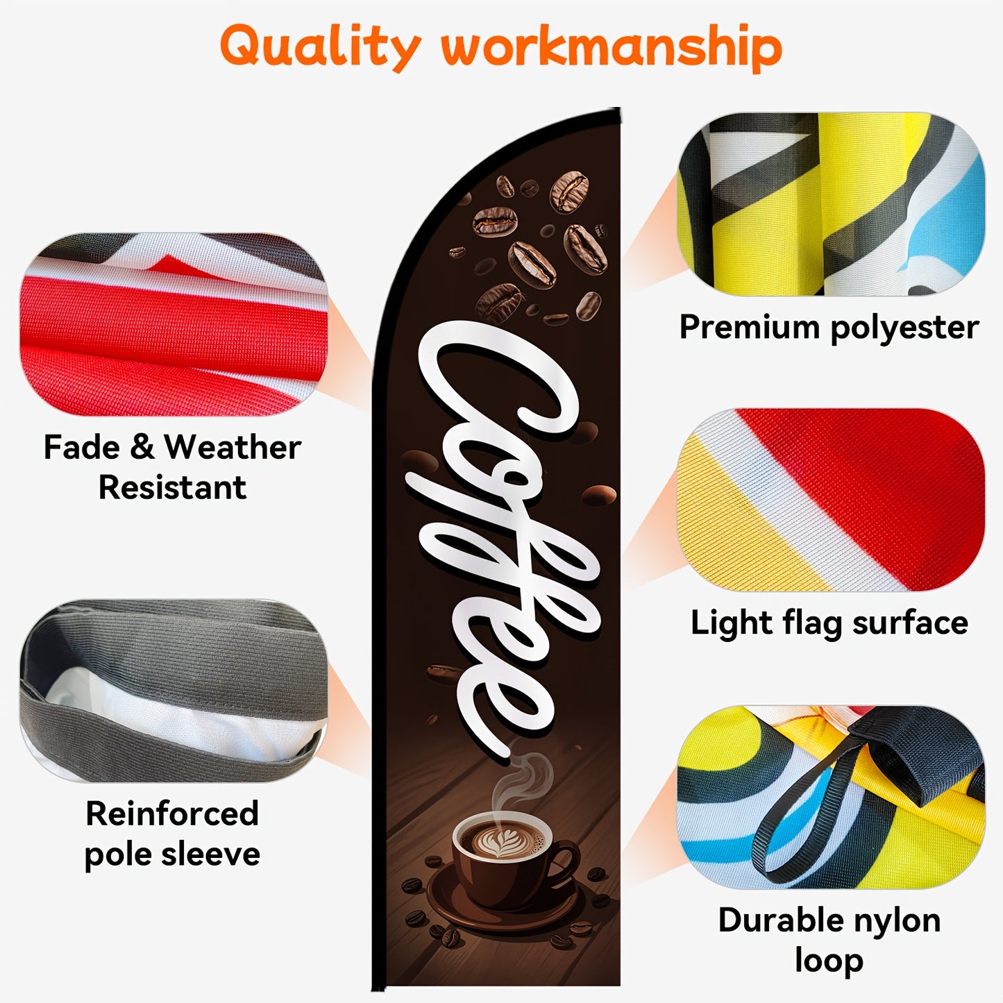 1pc Coffee Feather Flag with Flagpole - Tall Outdoor/ Business Open Sign, Heavy-Duty Polyester Banner Suitable for Café, Shop, Office - Setup with Optional Aluminum Pole Kit, Eye-Catching Coffee Lettering & Feather