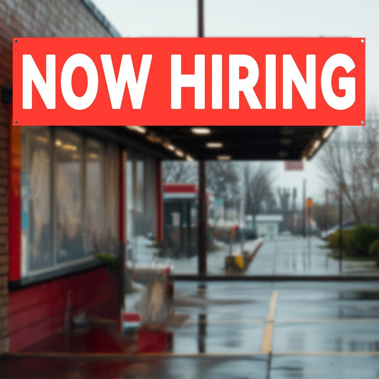 A 'NOW HIRING' Banner, Suitable for Outdoor Use, Shop Signage, And Promotional Displays, Ideal for Commercial Advertising Events. Made of Polyester Fabric, It Comes with Four Grommets for Easy Hanging.
