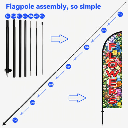 Double-Sided Floral Swooper Banner | Flowers Feather Flag with Pole Kit, Aluminum and Polyester, Bright Open Decoration for Flower Shop and Garden Center Yard Sign, No Electricity Needed