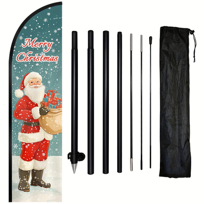 1pc Merry Christmas Feather Flag with Flagpole, Cute Snowman Illustration Style, 50x200cm Outdoor Holiday Banner, Aluminum Alloy Pole Optional, Weather Resistant Polyester, Floral Pattern High Definition Print, Durable Fabric