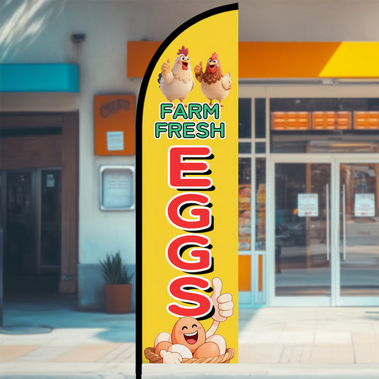 1pc Extra Tall (72.8"x19.7") Farm Fresh Eggs Sign with Feather Flag - Heavy-Duty Egg Carton Cutouts, Optional Aluminum Pole Kit, Large Farm Market Banner for Egg Stand, Farmers Market, Grocery Store - Durable Polyester Outdoor Advertising Decoration - Eas