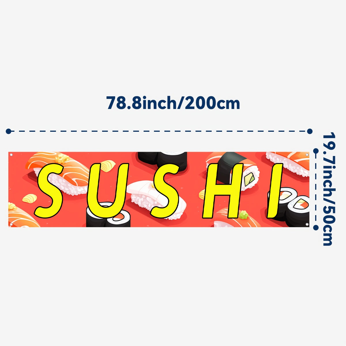 A Sushi Banner, Featuring a Sushi Shop Logo, Sushi Flag, Store Decoration Banner, Measuring 50*200Cm/19.7*78.8 Inches, Made of Polyester Fabric, with High-Definition Printing, And Includes 4 Grommets for Easy Hanging