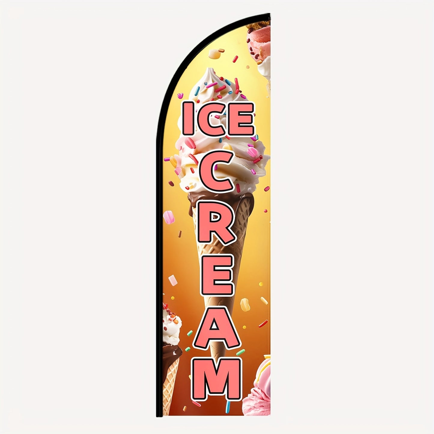 One Ice Cream Feather Flag Complete with a Flagpole, Ideal for Dessert Shops. This Outdoor Sign for Frozen Treats Can Be Used for Ice Cream Truck Displays And Promotions. It Measures 72.8 by 50.04 cm And Is Available with an Optional Pole Kit