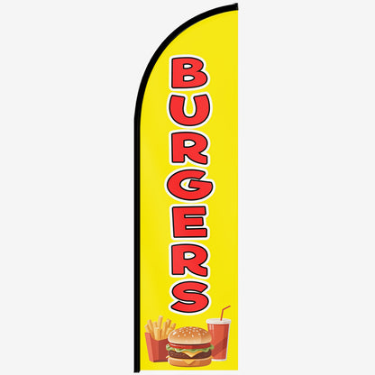 1pc Burgers Feather Flag with Flagpole, Advertising Banner for Burger Shop, Fast Food Signage, 72.8x19.7in, Optional Aluminum Pole, Burger Flag for Restaurant Business, Durable Polyester Fabric, Restaurant Marketing, Business Branding, Vibrant Design, Pro