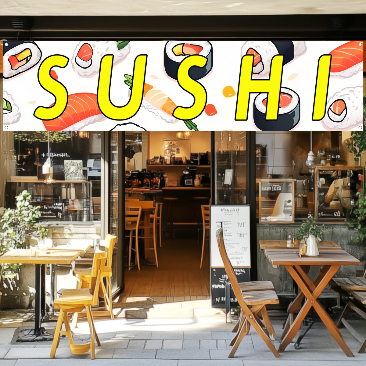 A Sushi Banner, Featuring a Sushi Shop Logo, Sushi Flag, Store Decoration Banner, Measuring 50*200Cm/19.7*78.8 Inches, Made of Polyester Fabric, with High-Definition Printing, And Includes 4 Grommets for Easy Hanging