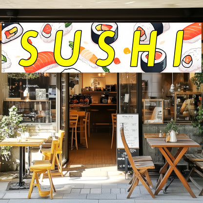 A Sushi Banner, Featuring a Sushi Shop Logo, Sushi Flag, Store Decoration Banner, Measuring 50*200Cm/19.7*78.8 Inches, Made of Polyester Fabric, with High-Definition Printing, And Includes 4 Grommets for Easy Hanging