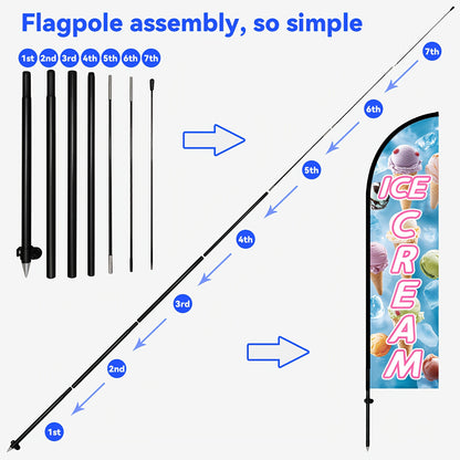 Ice Cream Feather Flag With Pole Kit | Double-Sided Print Outdoor Swooper Banner, 1.6x6.6Ft, Polyester, Pole Mount, Food Shop Advertising Sign, Dessert Store Promotion Flag by WOANIXY