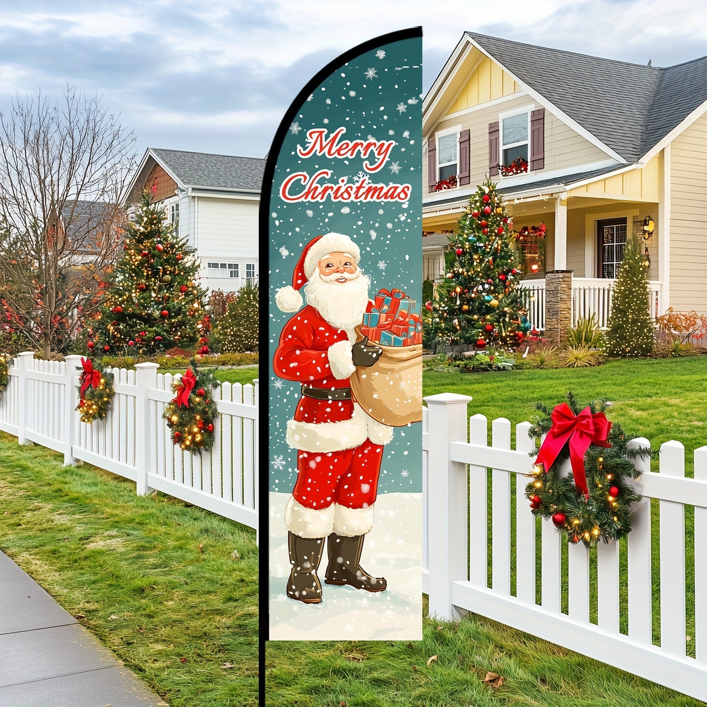 1pc Merry Christmas Feather Flag with Flagpole, Cute Snowman Illustration Style, 50x200cm Outdoor Holiday Banner, Aluminum Alloy Pole Optional, Weather Resistant Polyester, Floral Pattern High Definition Print, Durable Fabric