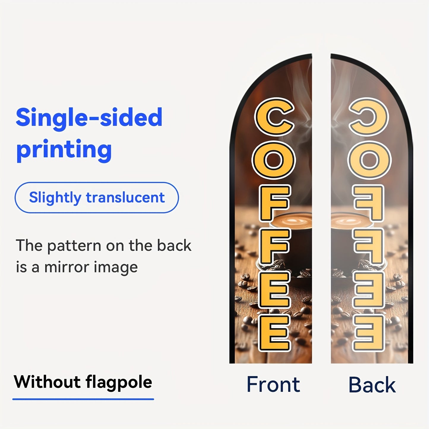 1pc WOANIXY Coffee Feather Flag, 48.77x201.17cm, Polyester Fabric, Double or Single Sided Printing, Anti Fading, Weather Resistant, Multipurpose, with Outdoor Store Signboard Banner, for Commercial Advertising Promotions