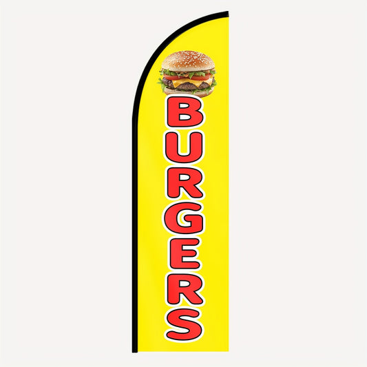 1pc Burgers Feather Flag with Pole, Burger Advertising Banner, Outdoor Fast Food Flag Kit, Street Food Signage, Burger Truck Promotion Flag, Restaurant Display Flag, 50x185cm/72.8*19.7inches, Eye-Catching Storefront Feather Flag, Polyester Material