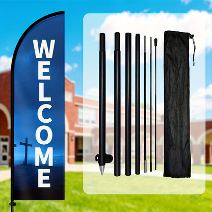 1pc Church Welcome Feather Flag with Pole Kit, Welcome Sign for Church, Outdoor Welcome Flag, Banner for Church Entrance & Events, Aluminum/Fiberglass Flagpole, Durable 110g/㎡ Warp Knitted Polyester